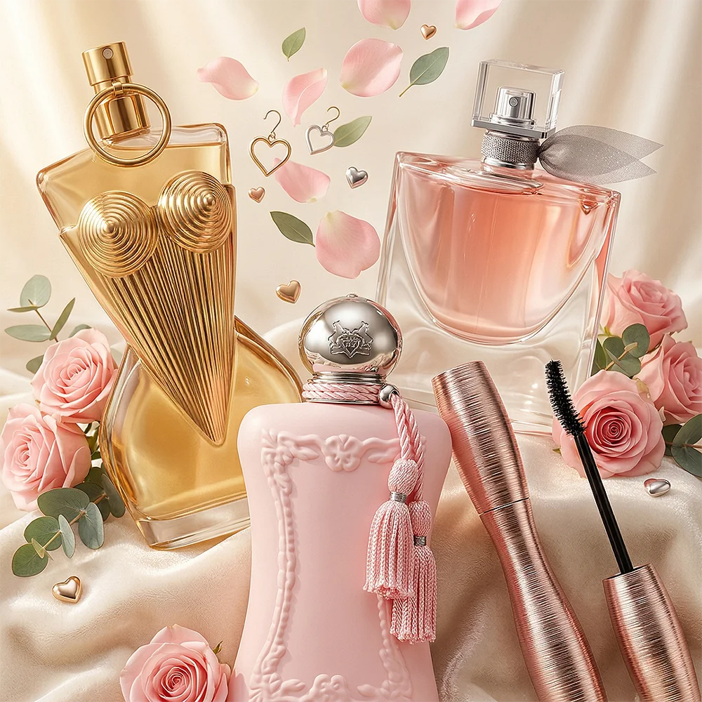 Promotiebeeld met een collectie van nieuwe luxe parfums en cosmetica.